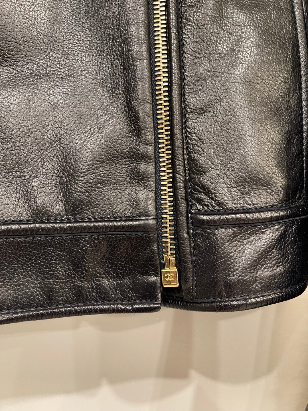 Top Quality Chanel Black Leather Asymmetric Jacket with White Fur Details and Logo Buttons Detail Size FR 34 (UK 6)