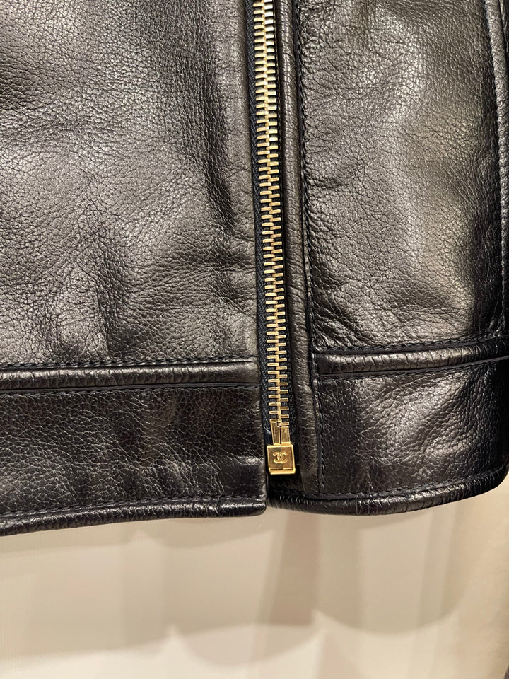 Top Quality Chanel Black Leather Asymmetric Jacket with White Fur Details and Logo Buttons Detail Size FR 34 (UK 6)