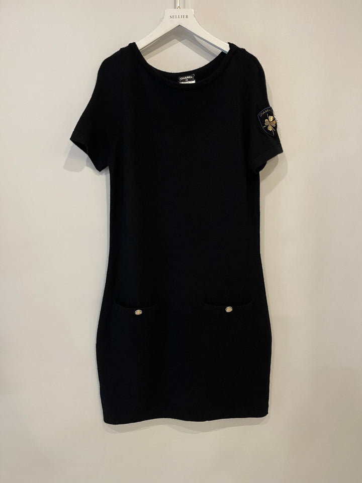 Top Quality Chanel Black Dress with Gold Logo Patch Detail Size FR 42 (UK 14)