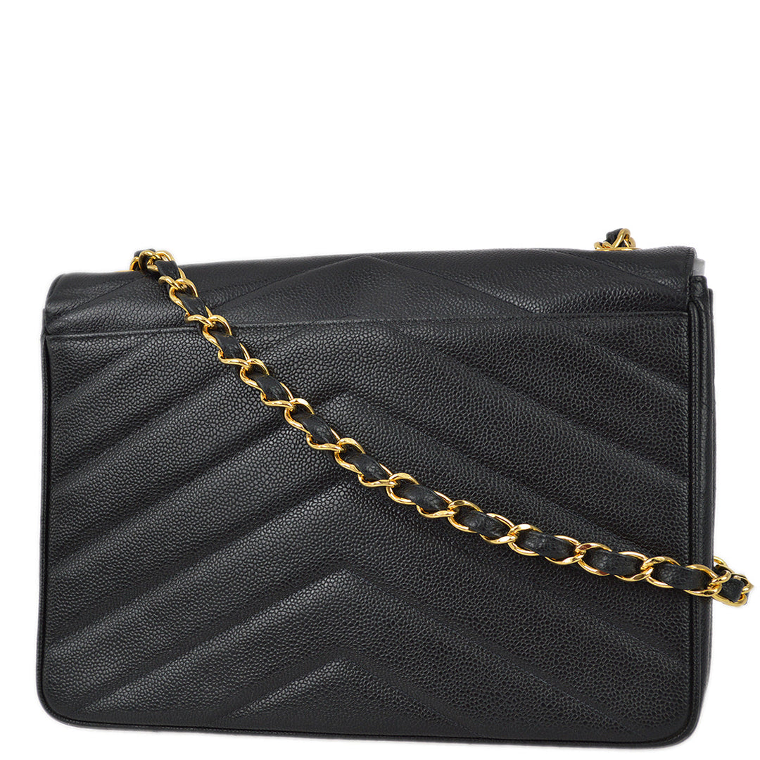 Top Quality Chanel 1994-1996 Black Caviar Jumbo Chevron Letter Flap Bag