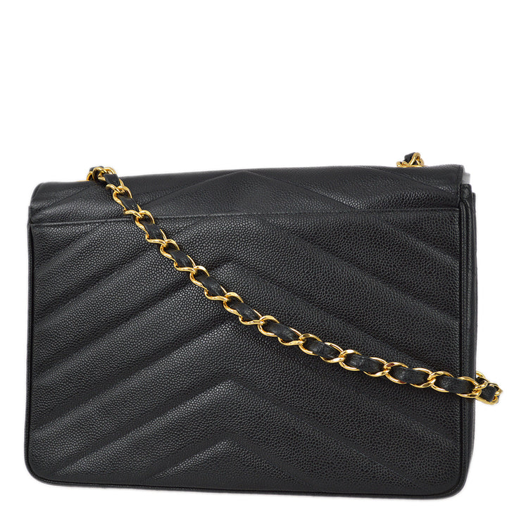 Top Quality Chanel 1994-1996 Black Caviar Jumbo Chevron Letter Flap Bag