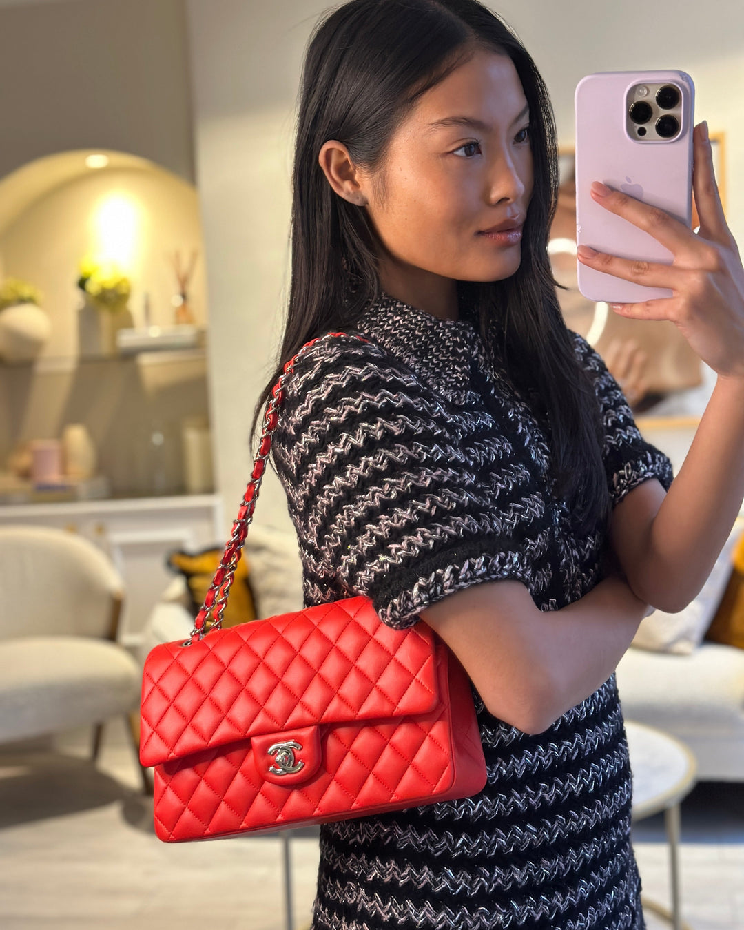 Top Quality Chanel Scarlet Red Medium Classic Double Flap Bag in Lambskin Leather with Silver Hardware