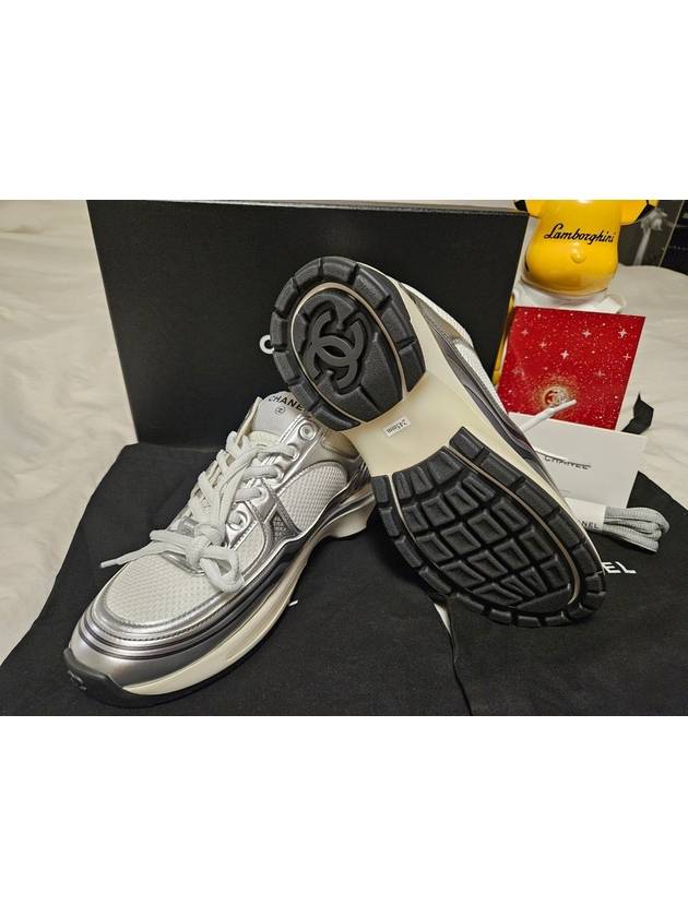 Fabric Laminated Low Top Sneakers Silver Chanel