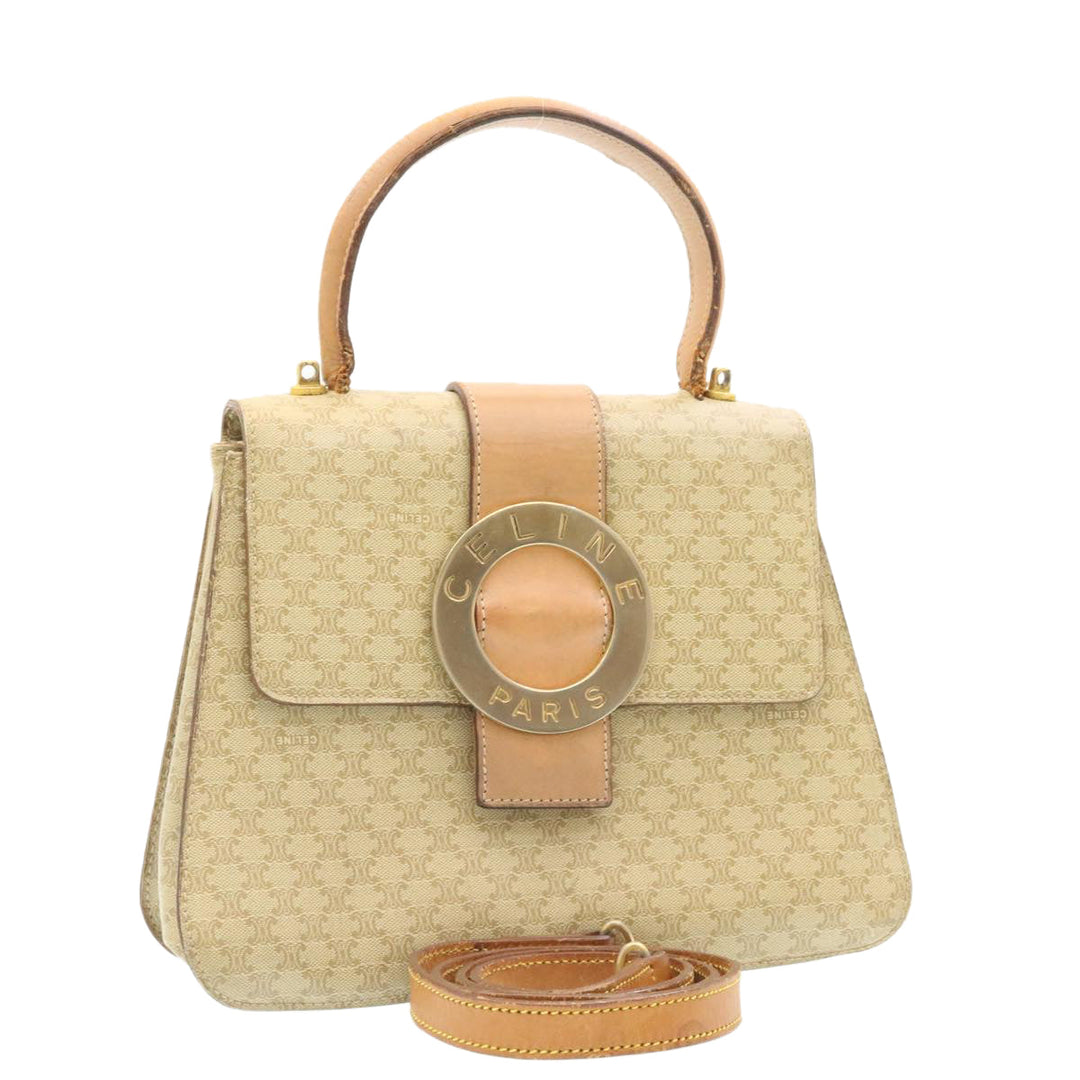 Celine Macadam Circle Logo 2Way Shoulder Hand Bag PVC Leather Beige  25937