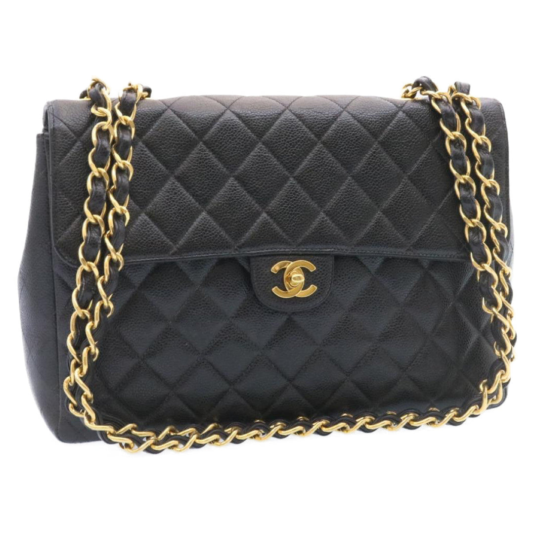 Chanel Big Matelasse New Chain Shoulder Bag Caviar Skin Black Gold Auth 25984A