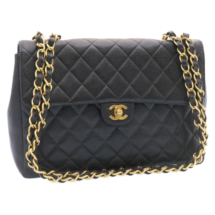 Chanel Big Matelasse New Chain Shoulder Bag Caviar Skin Black Gold Auth 25984A