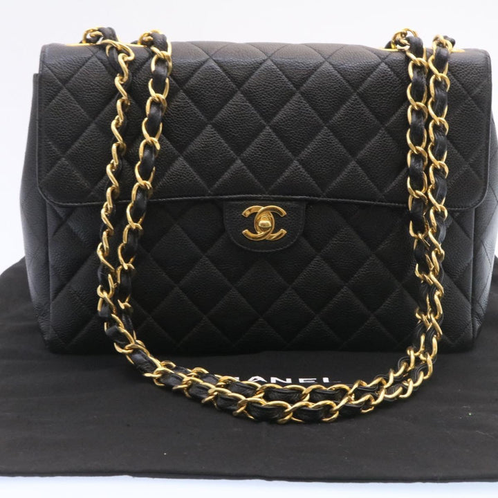 Chanel Big Matelasse New Chain Shoulder Bag Caviar Skin Black Gold Auth 25984A