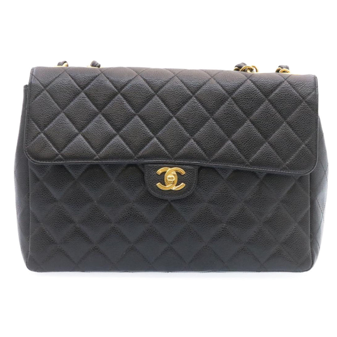 Chanel Big Matelasse New Chain Shoulder Bag Caviar Skin Black Gold Auth 25984A