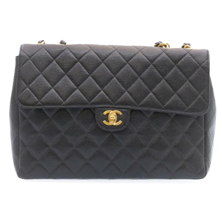 Chanel Big Matelasse New Chain Shoulder Bag Caviar Skin Black Gold Auth 25984A