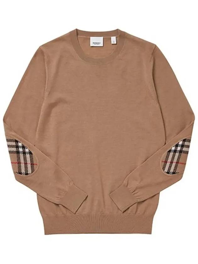 Burberry Check Patch Crew Neck Wool Knit Top Beige