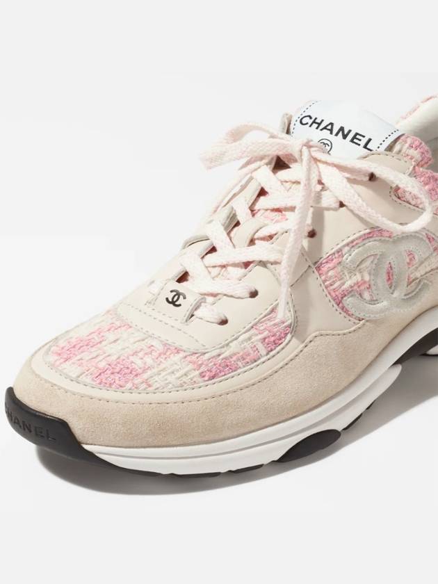 CC Logo Cotton Tweed Suede Calfskin Low Top Sneakers Pink Ecru Chanel