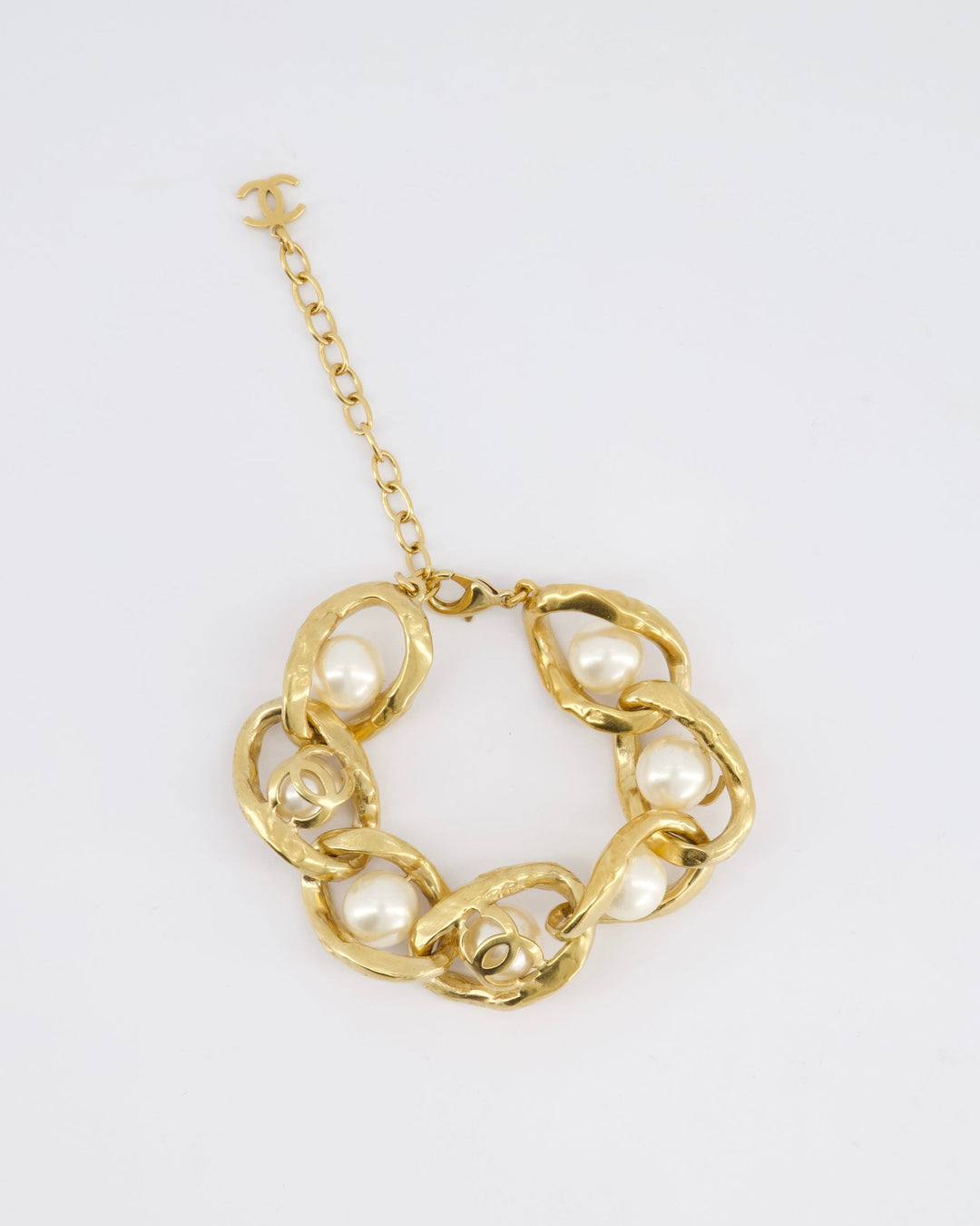 Top Quality Chanel Cruise 2020 Champagne Gold CC Link Bracelet with Pearl Detail