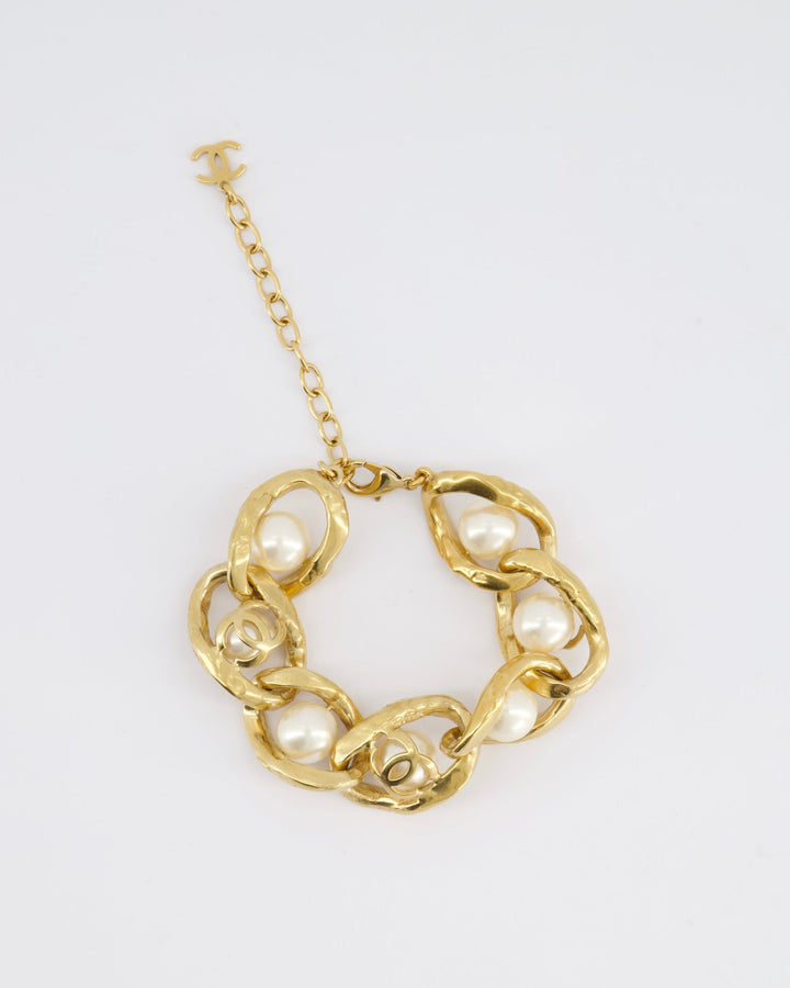 Top Quality Chanel Cruise 2020 Champagne Gold CC Link Bracelet with Pearl Detail