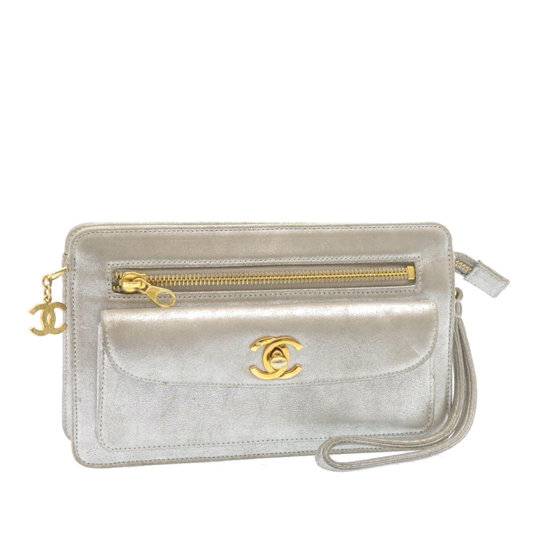 Top Quality Chanel Clutch Bag Leather Silver CC Auth 26857A