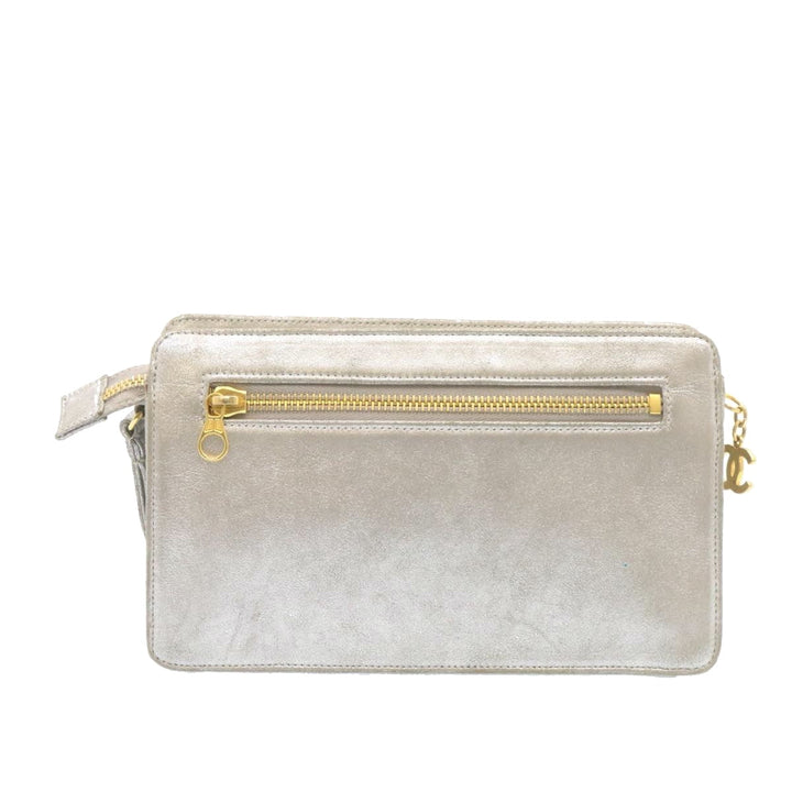 Top Quality Chanel Clutch Bag Leather Silver CC Auth 26857A