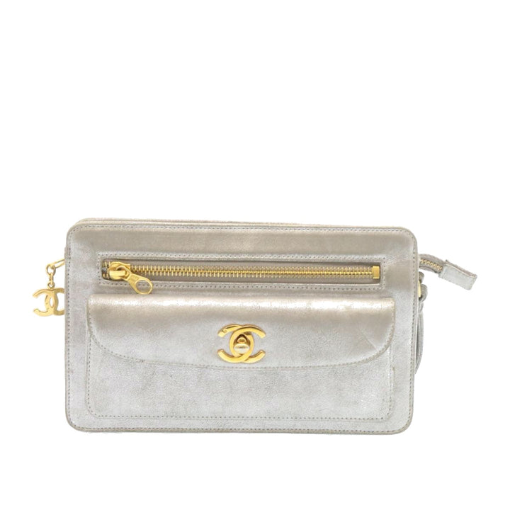 Top Quality Chanel Clutch Bag Leather Silver CC Auth 26857A