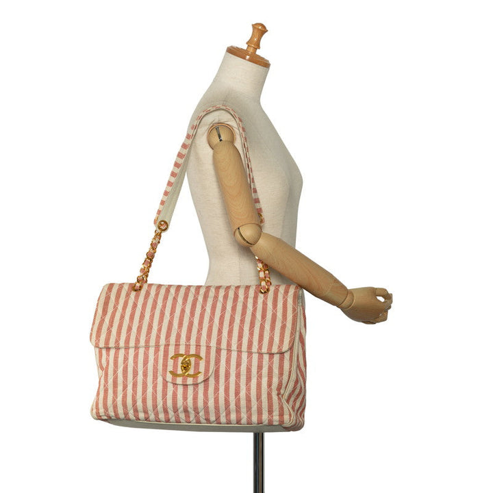 Top Quality Chanel Decamatrace Strip Cocomark Chain Shoulder Bag Pink White Cotton Lady Top Quality Chanel [More]