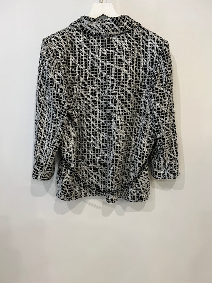 Top Quality Chanel Black and Silver Metallic Tweed Jacket with CC Buttons and Removable Pearl Detail Size FR 38 (UK 10)