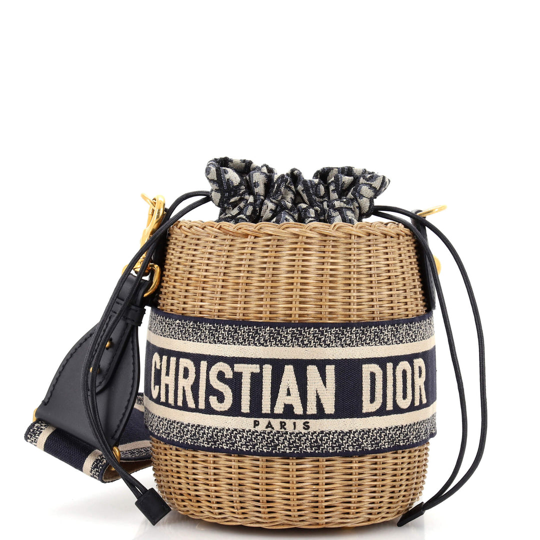 Top quality Dior Drawstring Bucket Bag Wicker with Oblique Canvas