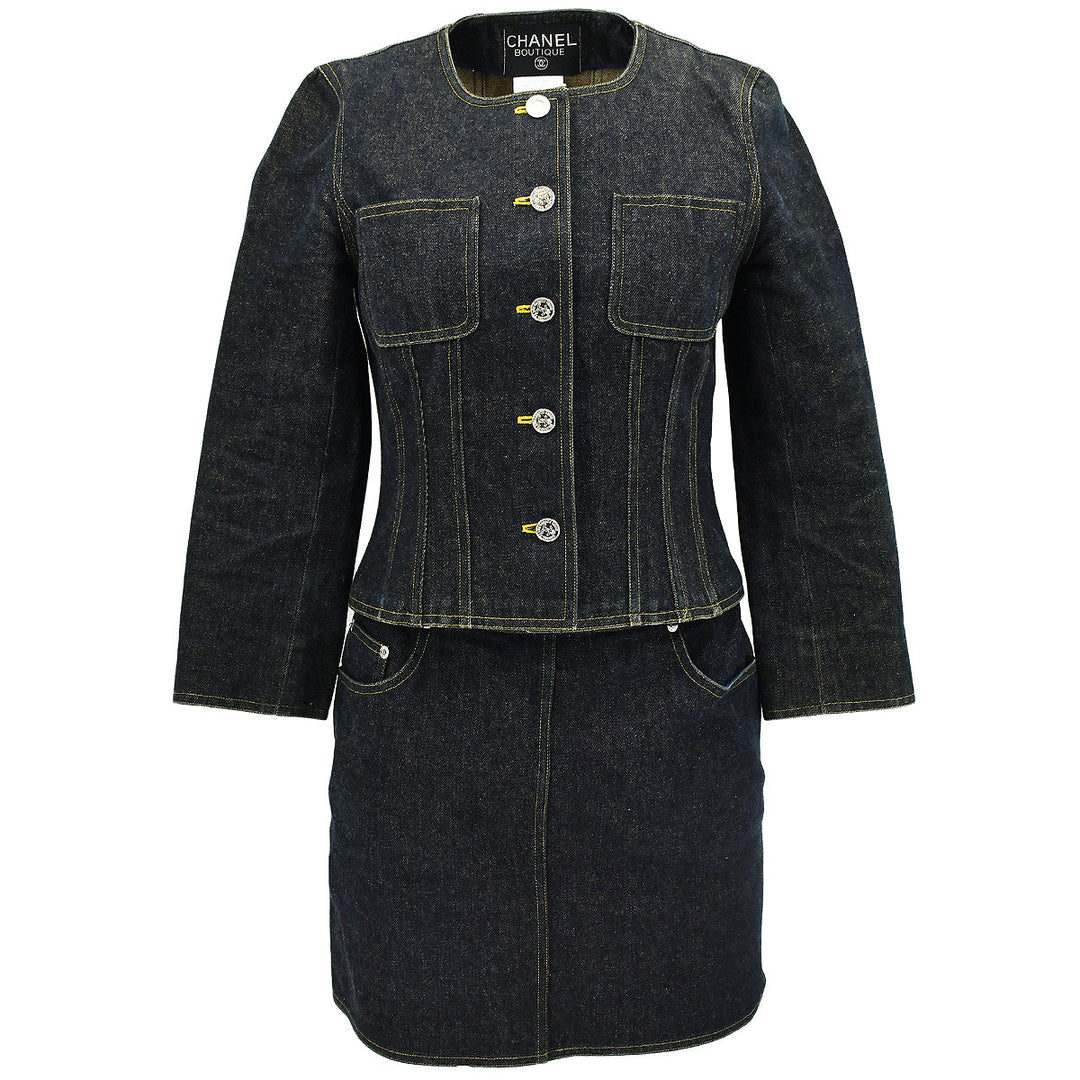 Top Quality Chanel Spring 1996 Setup Suit Collarless Jacket Skirt Denim Indigo #38