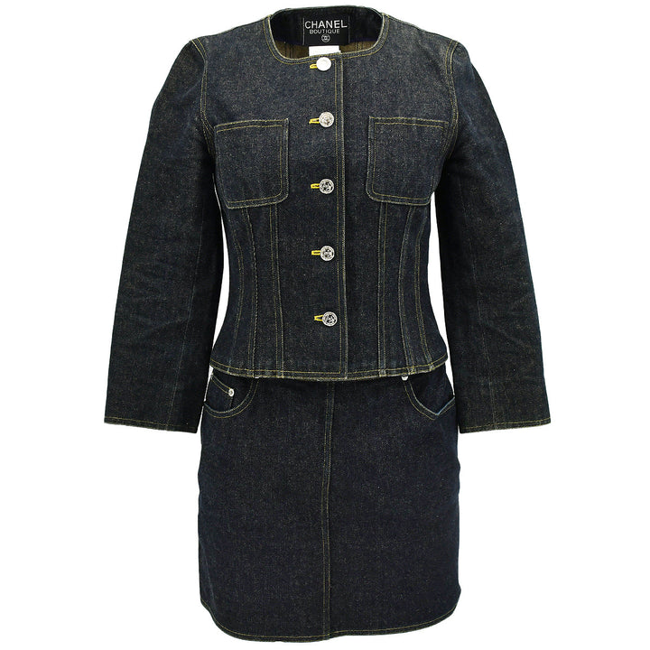 Top Quality Chanel Spring 1996 Setup Suit Collarless Jacket Skirt Denim Indigo #38