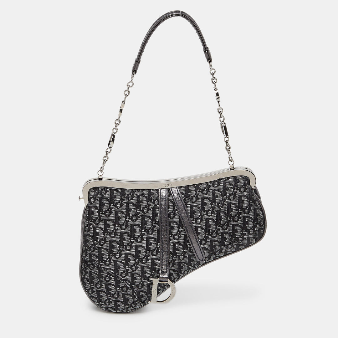 Top quality Dior Metallic/Grey Lurex Fabric and Leather Vintage Saddle Frame Pochette