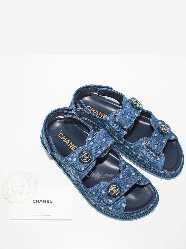 Printed Denim Velcro Sandals Blue Chanel
