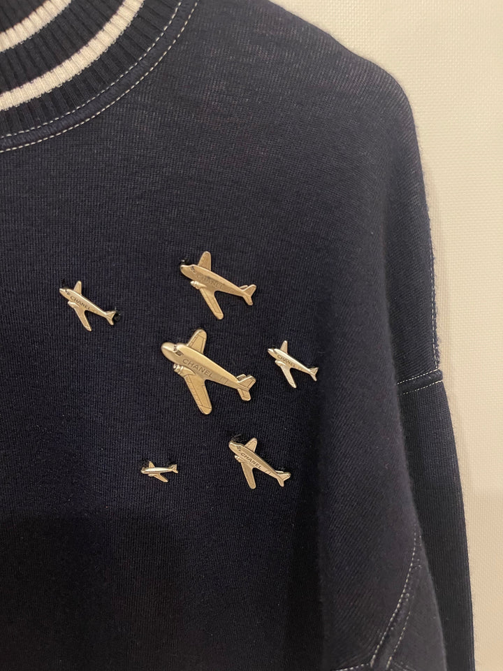 *HOT* Top Quality Chanel Airline Collection Navy Cashmere Jumper and Mini Skirt Set with Silver Logo Airplane Appliqu√©s Size FR 38 (UK 10)