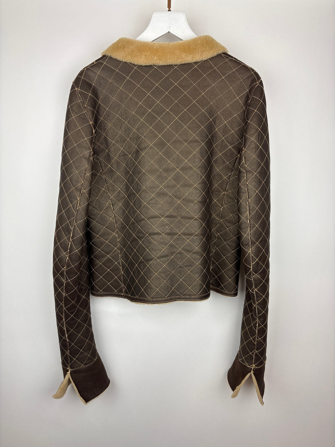 Top Quality Chanel Brown Quilted Stitch Shearling Zip -Up Jacket With Double Collar Detail FR 36 (UK 8)