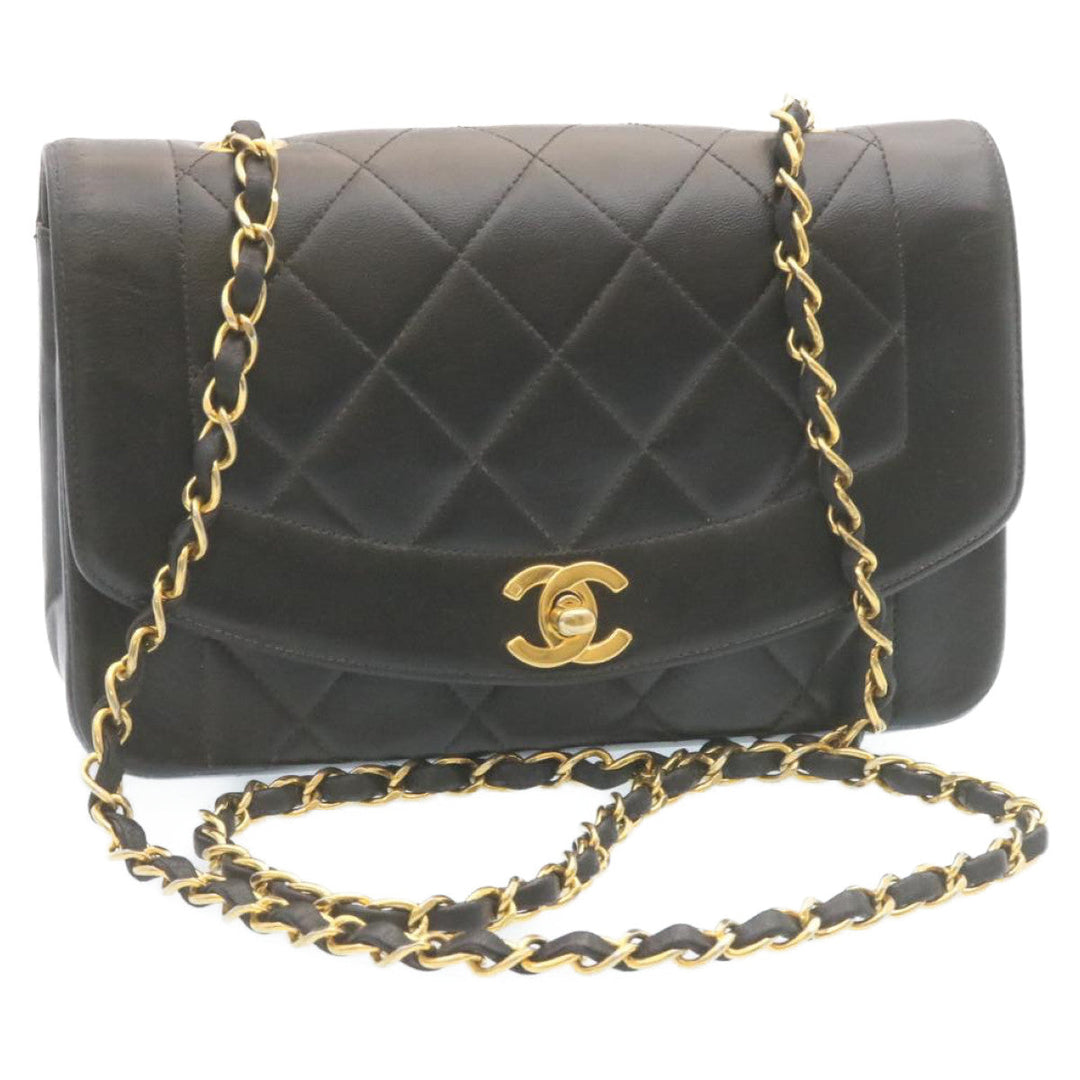 Top Quality Chanel Chain Turn Lock Diana Matelasse Shoulder Bag Lamb Skin Black Auth 28470A