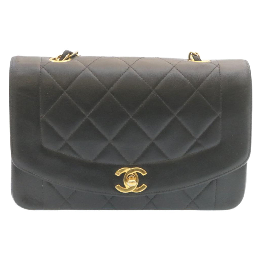 Top Quality Chanel Chain Turn Lock Diana Matelasse Shoulder Bag Lamb Skin Black Auth 28470A