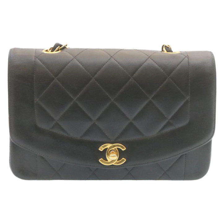 Top Quality Chanel Chain Turn Lock Diana Matelasse Shoulder Bag Lamb Skin Black Auth 28470A