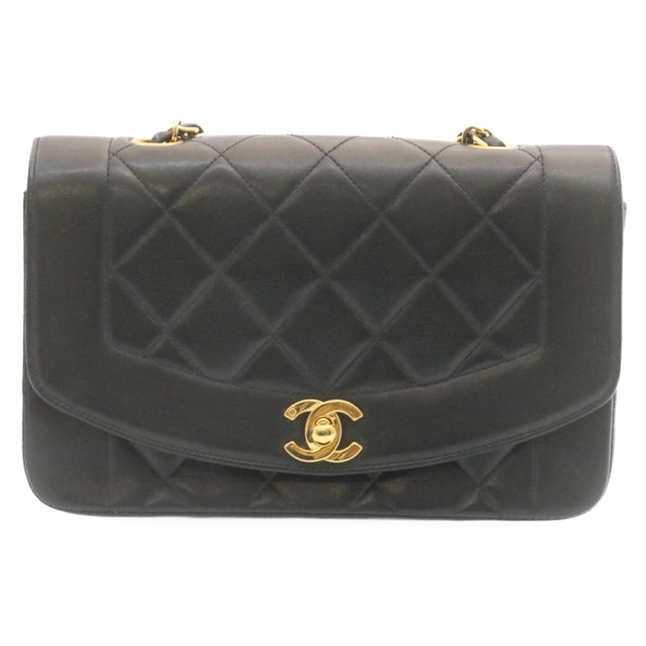 Top Quality Chanel Chain Turn Lock Diana Matelasse Shoulder Bag Lamb Skin Black Auth 28643A