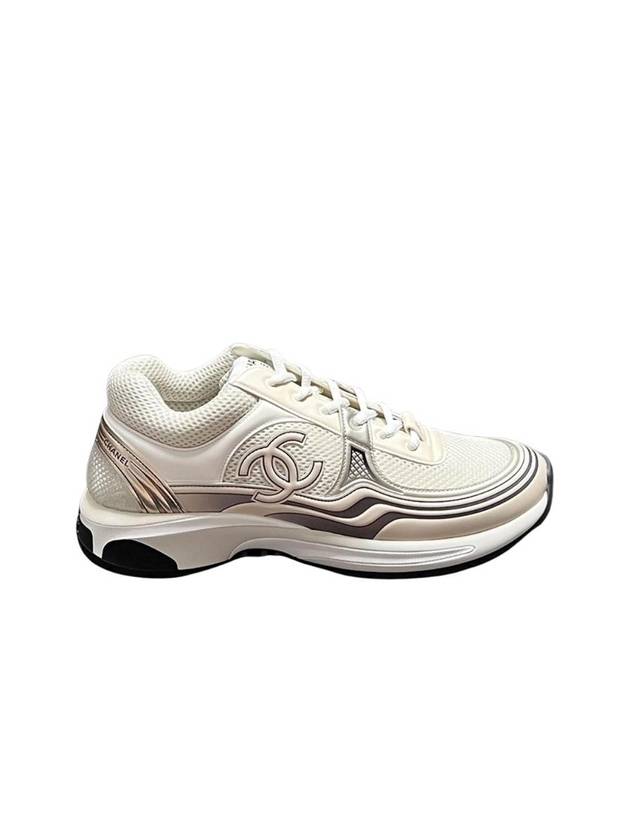 Fabric Laminated Low Top Sneakers Ivory White Gold Chanel