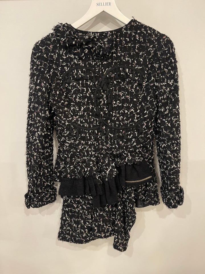 Top Quality Chanel Black Wool Multicolour Threads Ruffle Asymmetric Jacket with CC Logo Button Details Size FR 36 (UK 8)