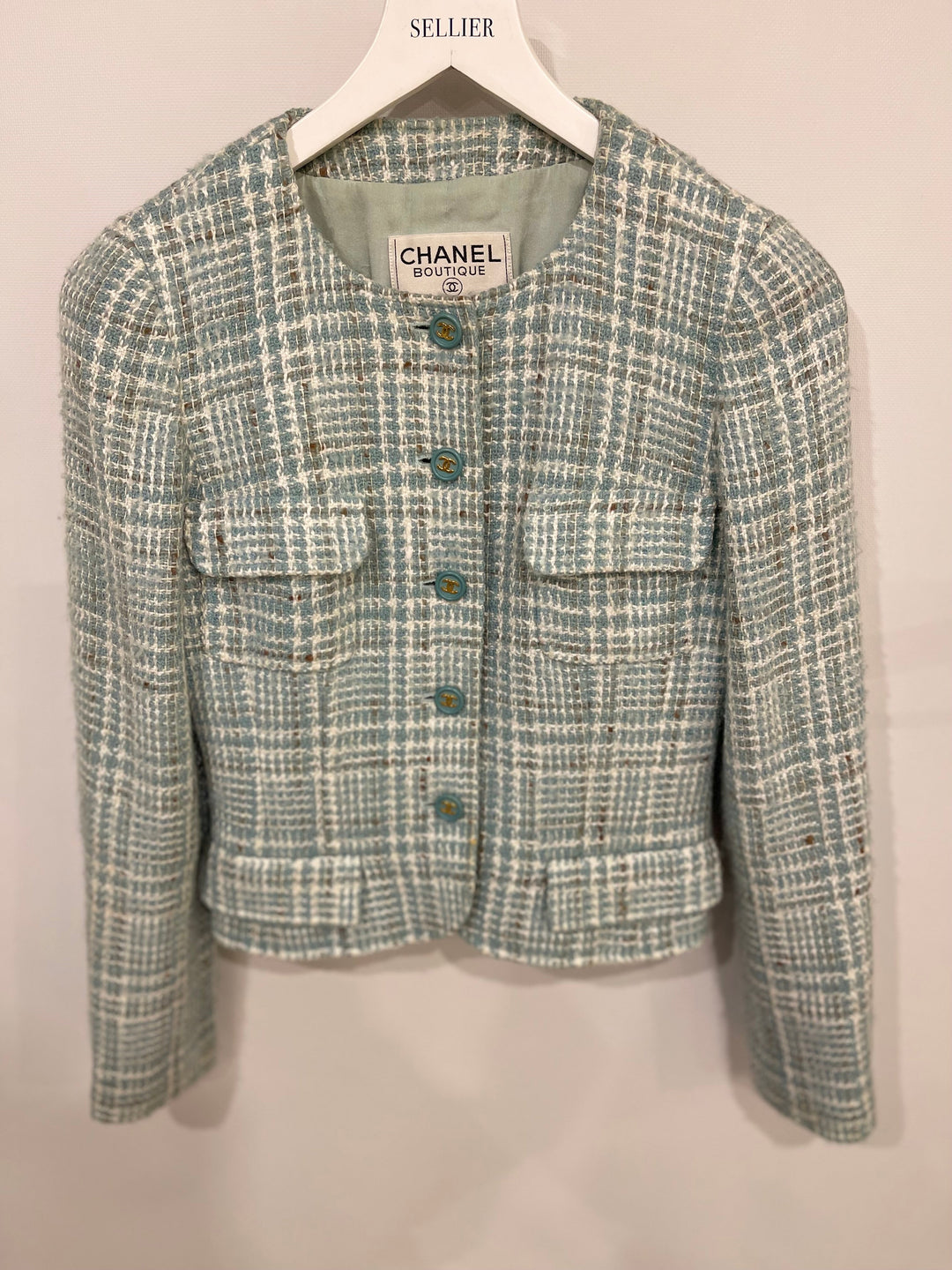 Top Quality Chanel 1997 Vintage Baby Blue, Brown and White Tweed Jacket with CC Button Details Size FR 34 (UK 6)