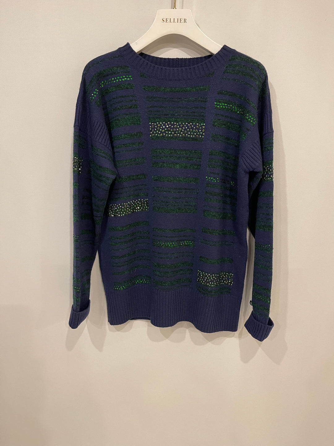 Top Quality Chanel Navy Cashmere Long-Sleeve Jumper with Green Sequin Embellishments Size FR 36 (UK 8)
