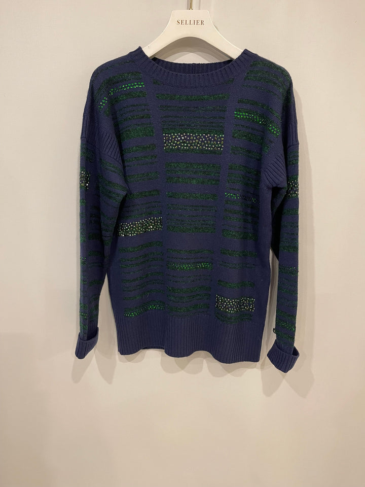 Top Quality Chanel Navy Cashmere Long-Sleeve Jumper with Green Sequin Embellishments Size FR 36 (UK 8)