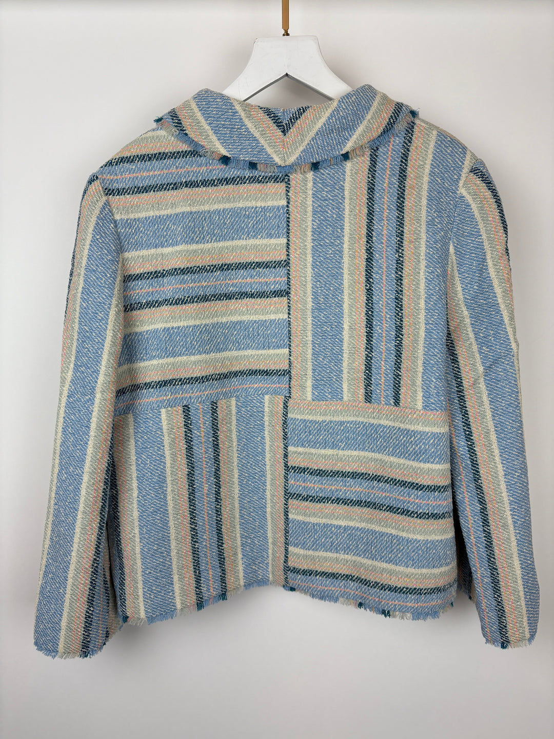 Top Quality Chanel 00/C Blue and Green Striped Tweed Jacket with Transparent Blue CC Logo Button Details Size FR 46 (UK 18)