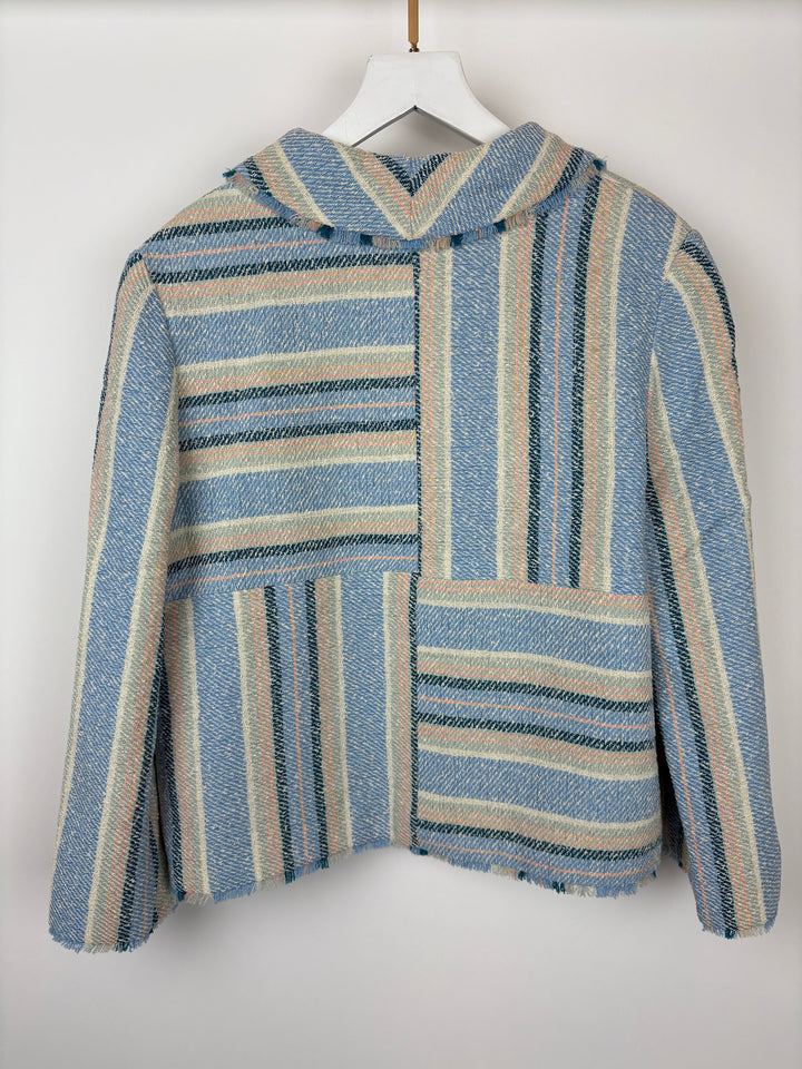 Top Quality Chanel 00/C Blue and Green Striped Tweed Jacket with Transparent Blue CC Logo Button Details Size FR 46 (UK 18)