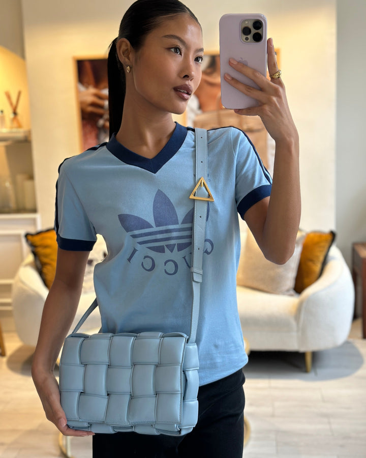 *HOT COLOUR & FIRE PRICE* Top Quality Bottega Veneta Sky Blue Padded Cassette Bag with Gold Hardware RRP £2,780