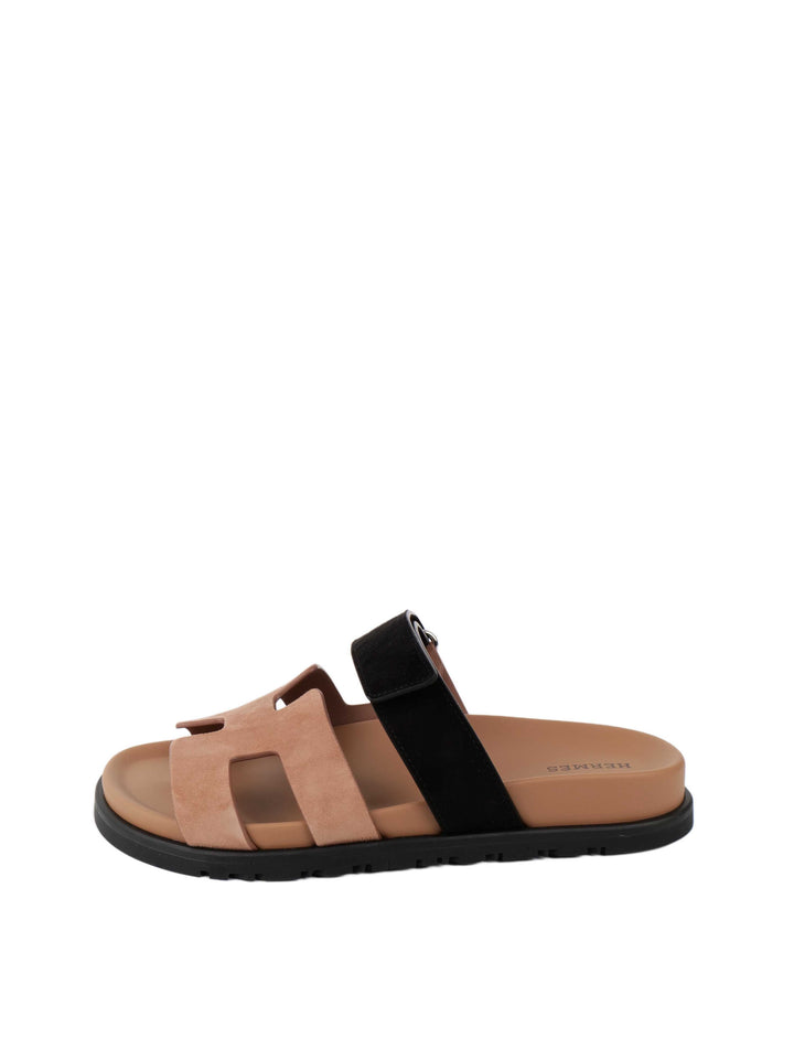 Hermes Chypre Sandals in Suede Rose Perle Noir 37.5.