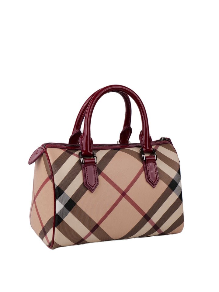 Burberry Haymarket Boston Bag with Dark Red Patent Trim.
