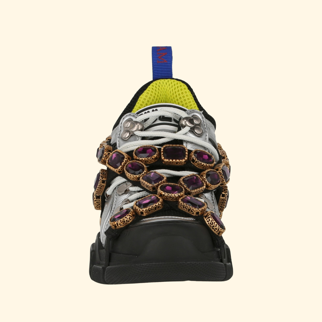 Gucci Flashtrek Chunky Leather Sneakers, Silver, Brand New