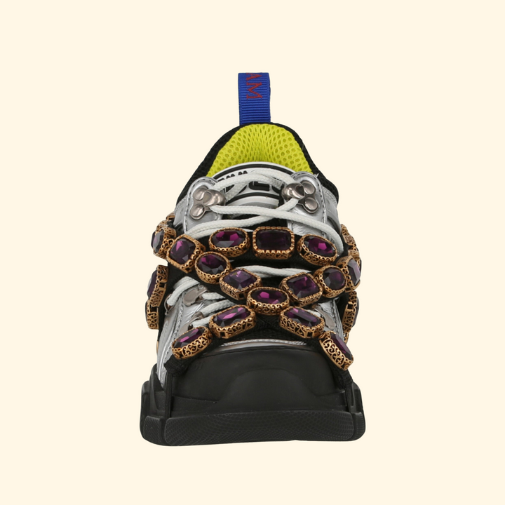 Gucci Flashtrek Chunky Leather Sneakers, Silver, Brand New