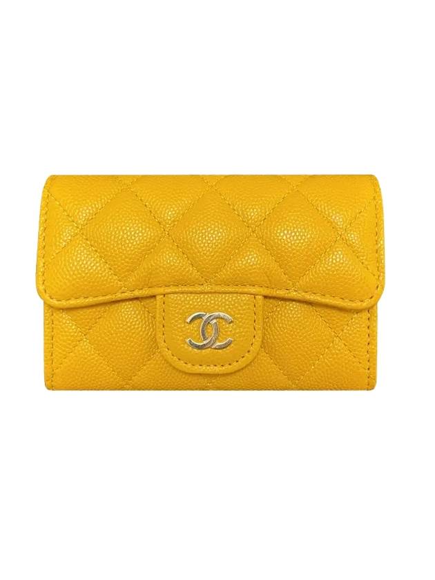 Classic Grained Shiny Calfskin Card Wallet Yellow Chanel