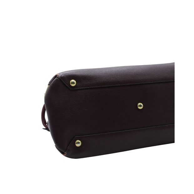 BURBERRY Dark Purple Grained Leather Tote - Checked Pattern On Sides