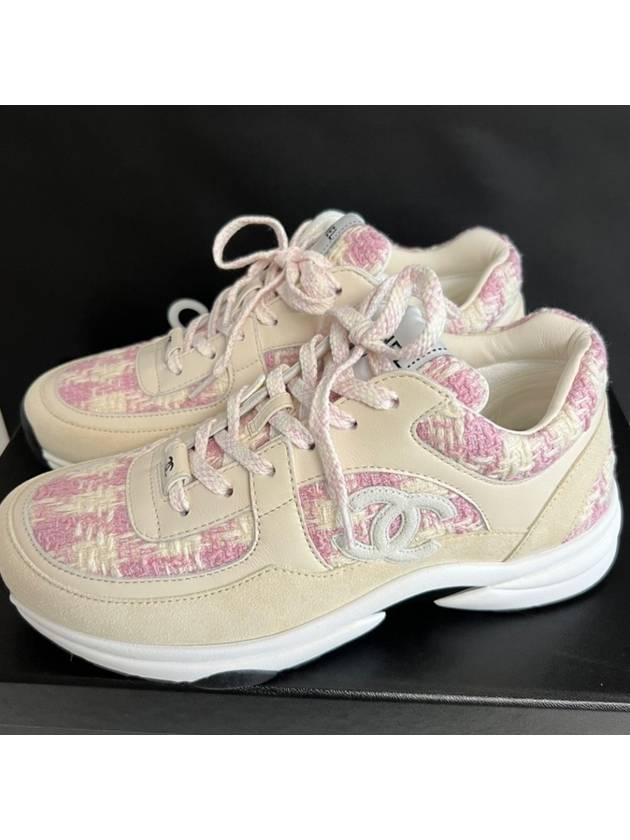 CC Logo Cotton Tweed Suede Calfskin Low Top Sneakers Pink Ecru Chanel