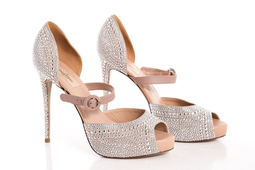 Valentino Silver Rhinestone Peeptoe Heels SZ 40