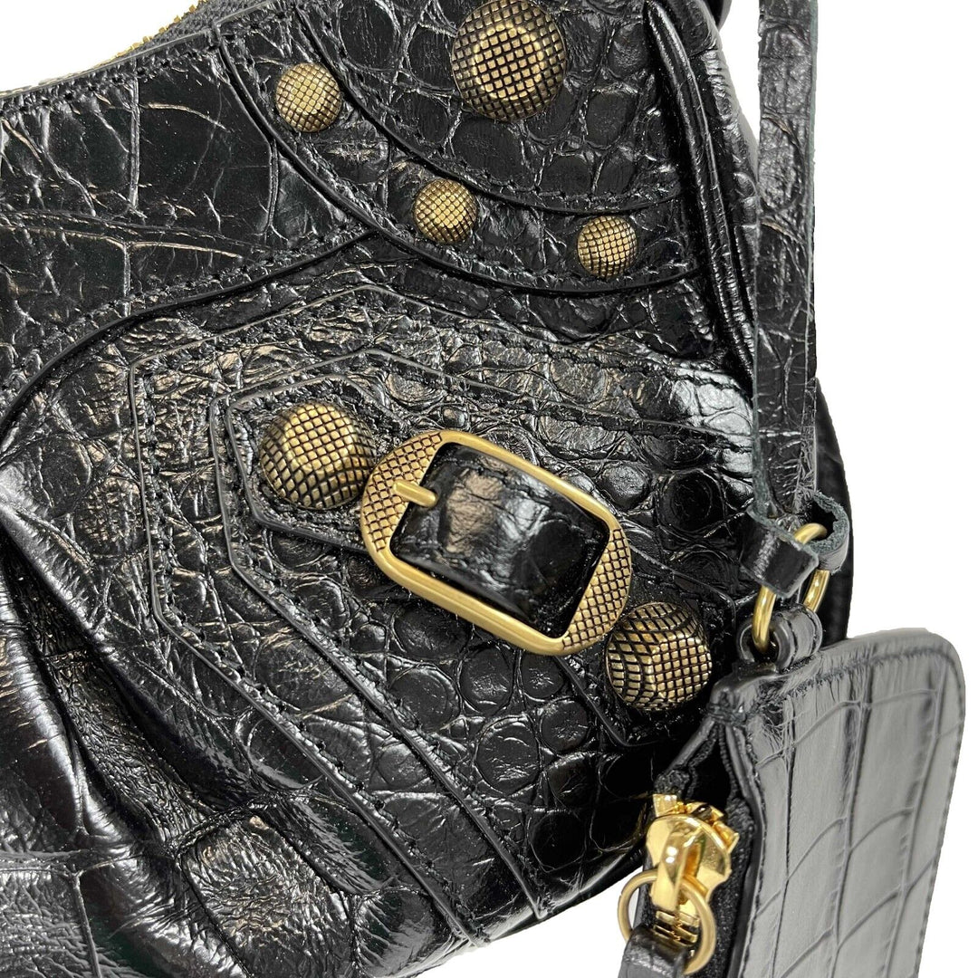 Top Quality Balenciaga - XS Shoulder Bag Crocodile Embossed Black Studded Shoulder Bag NEW